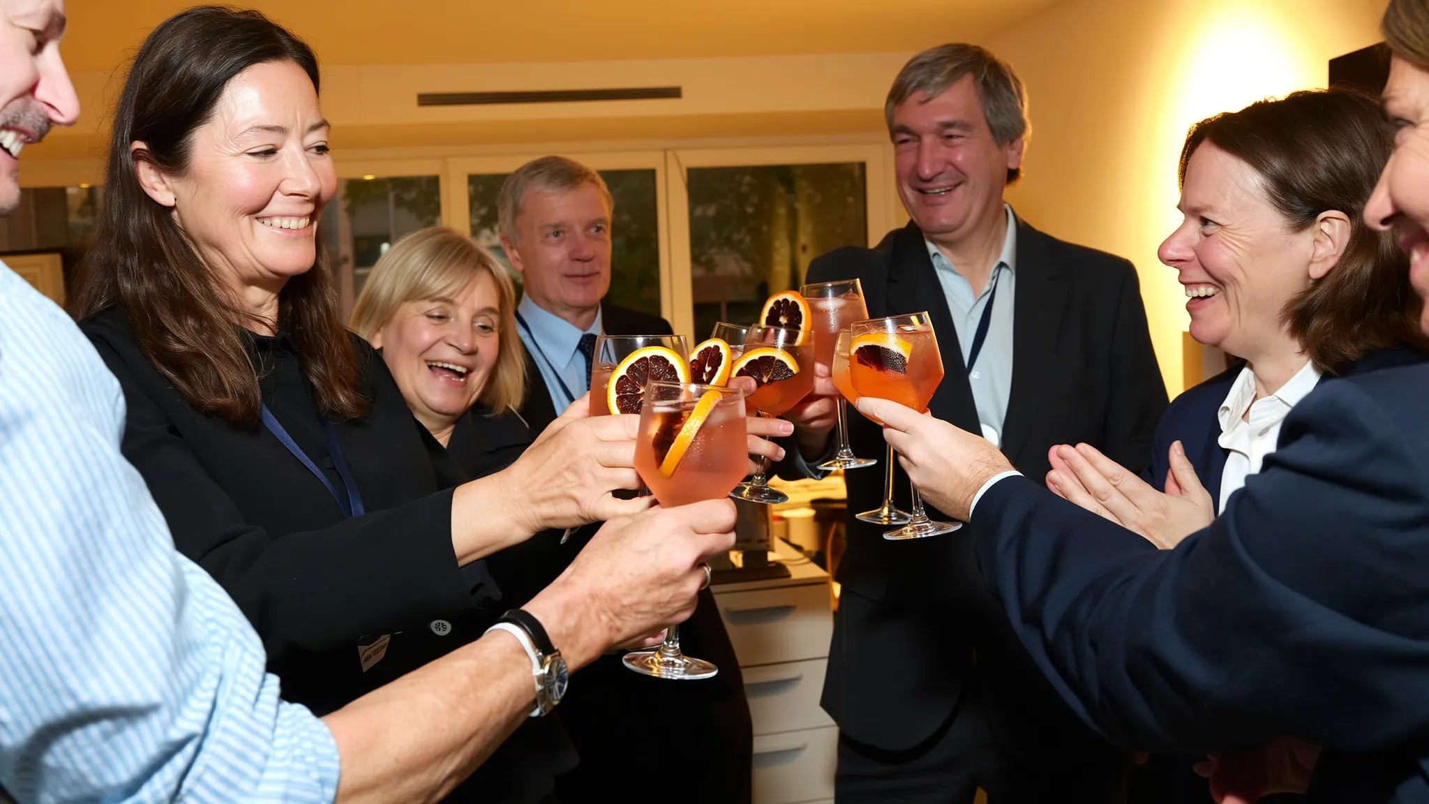 Die Chefin hebt beim Firmenfest das Glas Richtung Team — alle stoßen mit Sankt Sprizz an (Symbolbild)